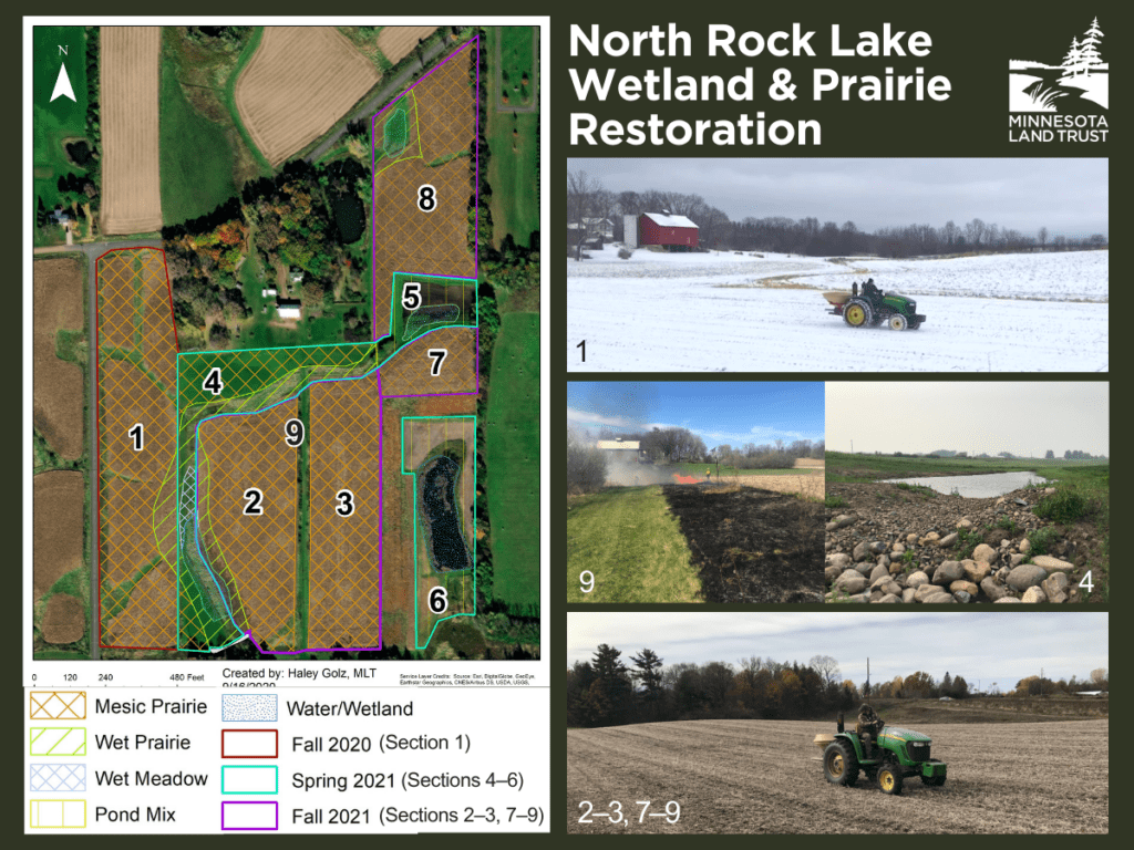 Infographic with a map, map key, and four photos of habitat restoration activities that have taken place at the locations on the map